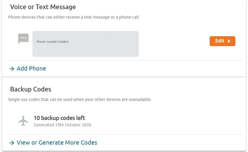 Chaturbate 2-step verification settings showing a text message device (number hidden) and backup codes
