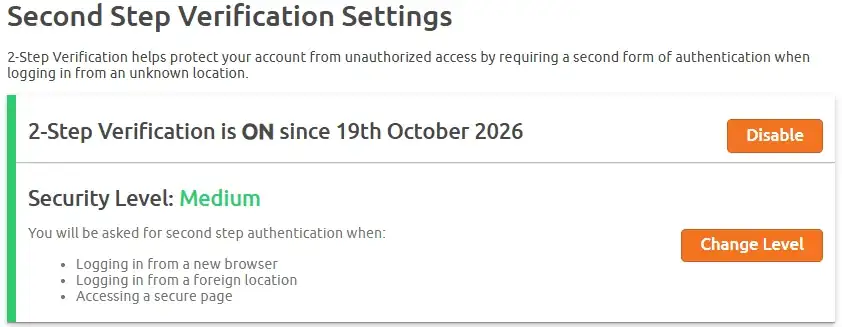 Chaturbate Second Step Verification Settings showing 2-step verification on and security level Medium
