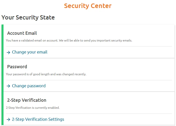 Chaturbate Security Center showing account email, password and 2-step verification status